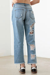 Blue Distressed Straight Jeans – Front & Back Detail