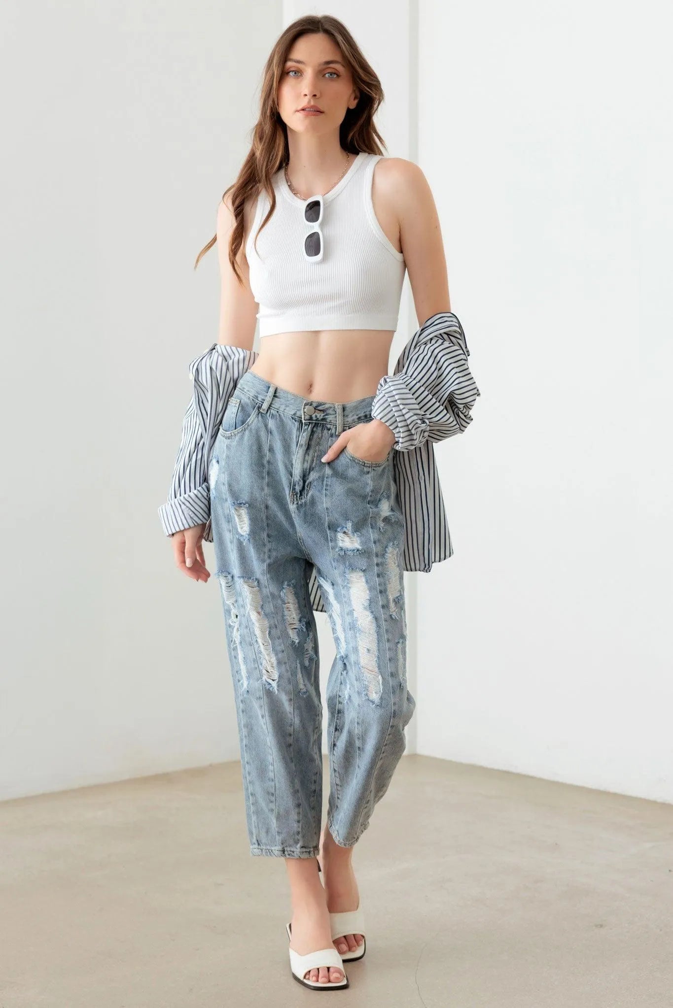 Light Blue High Waist Barrel Leg Distressed Jeans