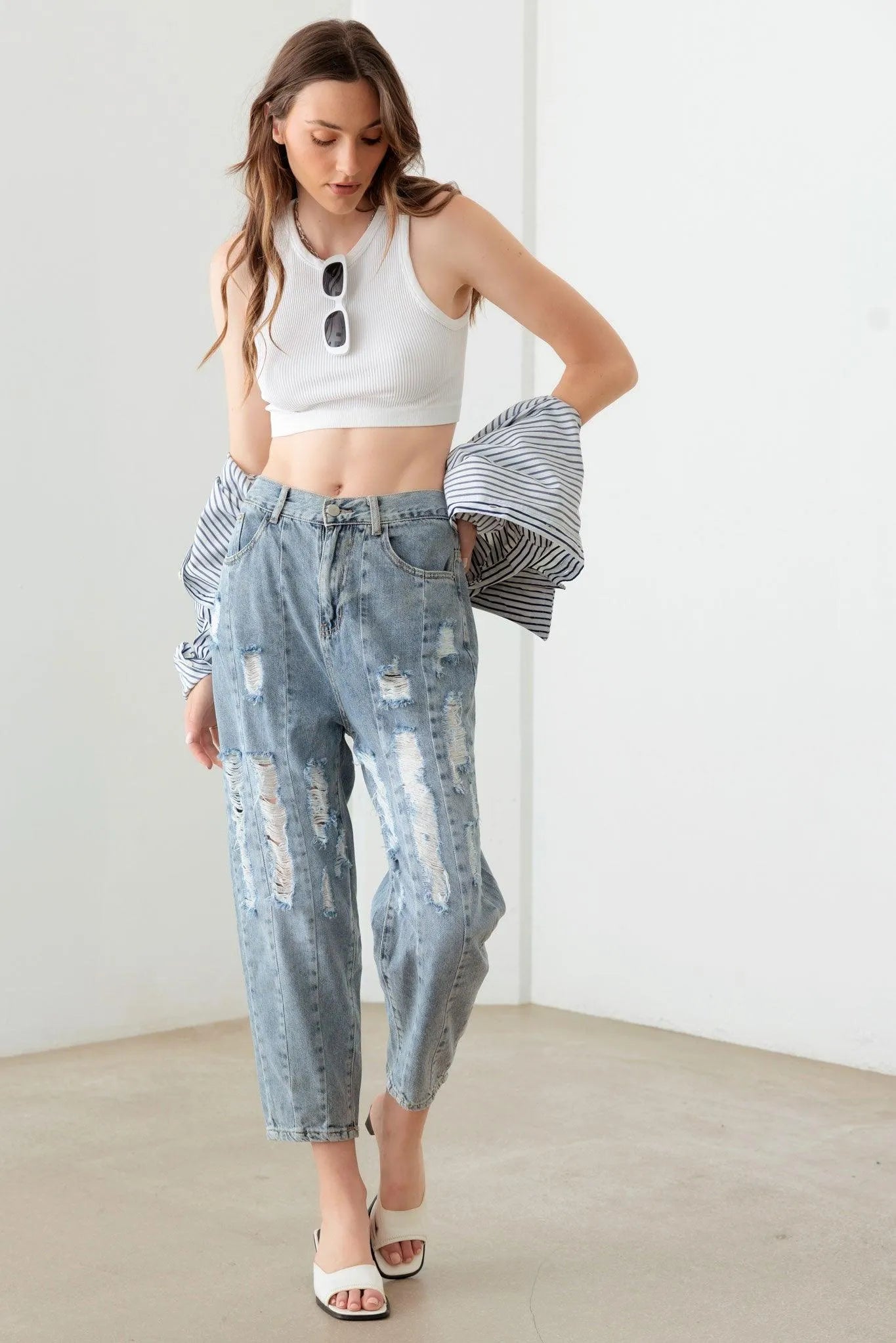 Light Blue High Waist Barrel Leg Distressed Jeans