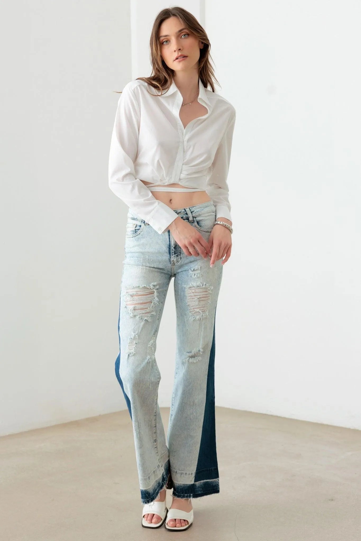 Two-Tone Acid Wash Flare Denim Jeans