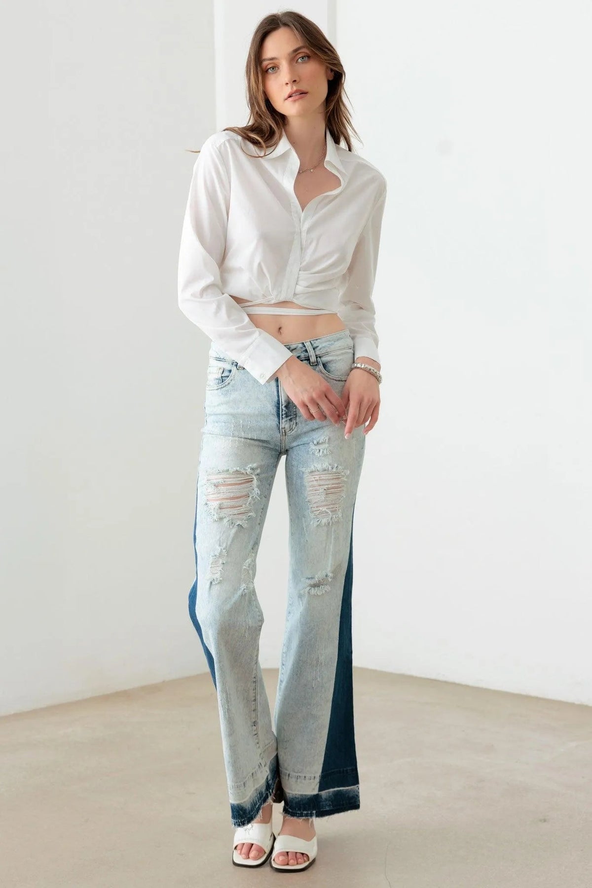 Two-Tone Acid Wash Flare Denim Jeans