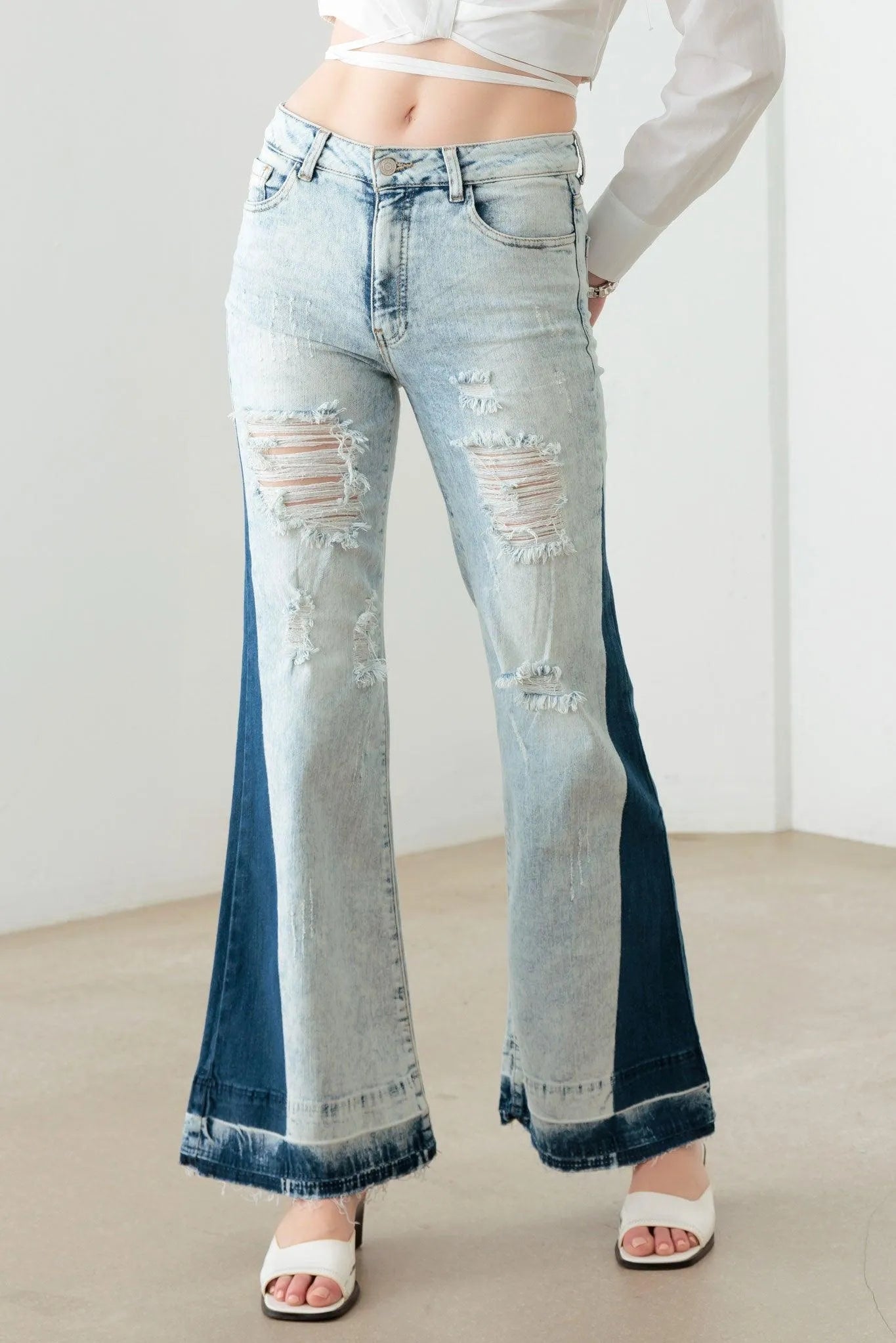 Two-Tone Acid Wash Flare Denim Jeans