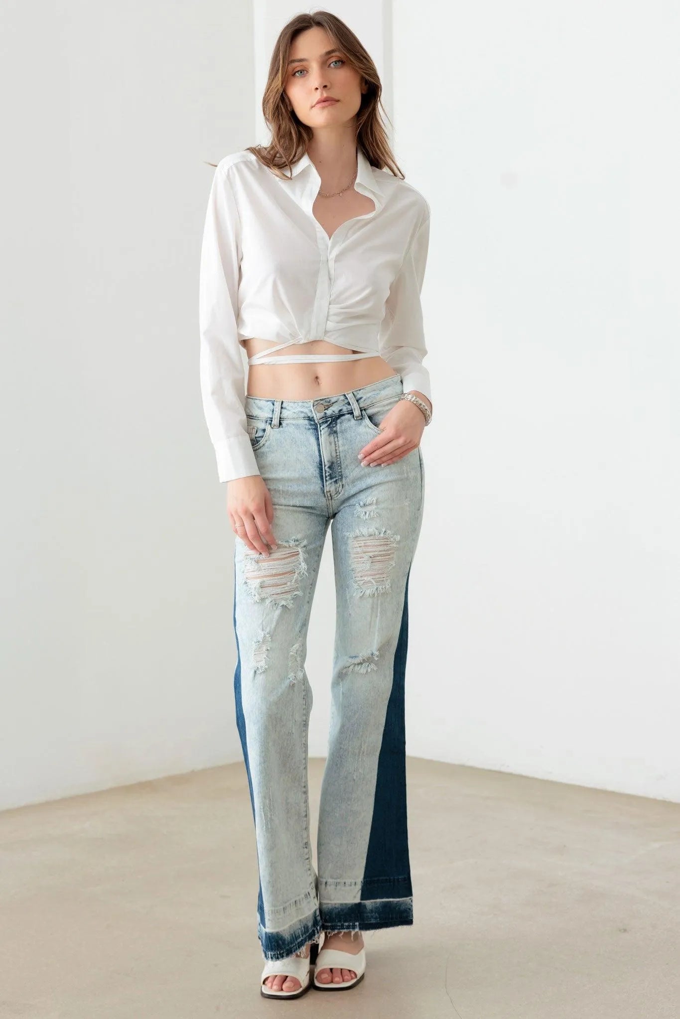 Two-Tone Acid Wash Flare Denim Jeans
