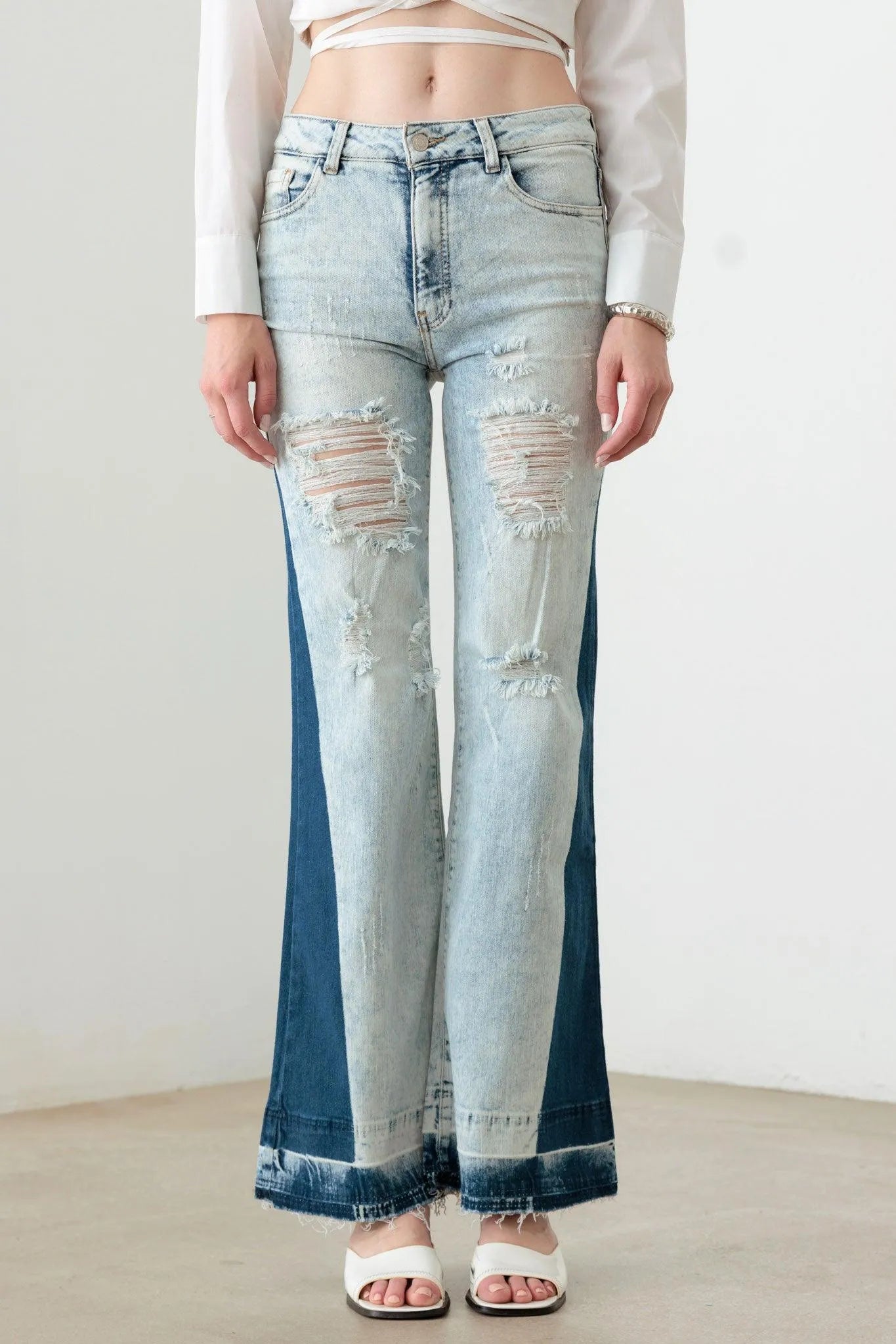 Two-Tone Acid Wash Flare Denim Jeans