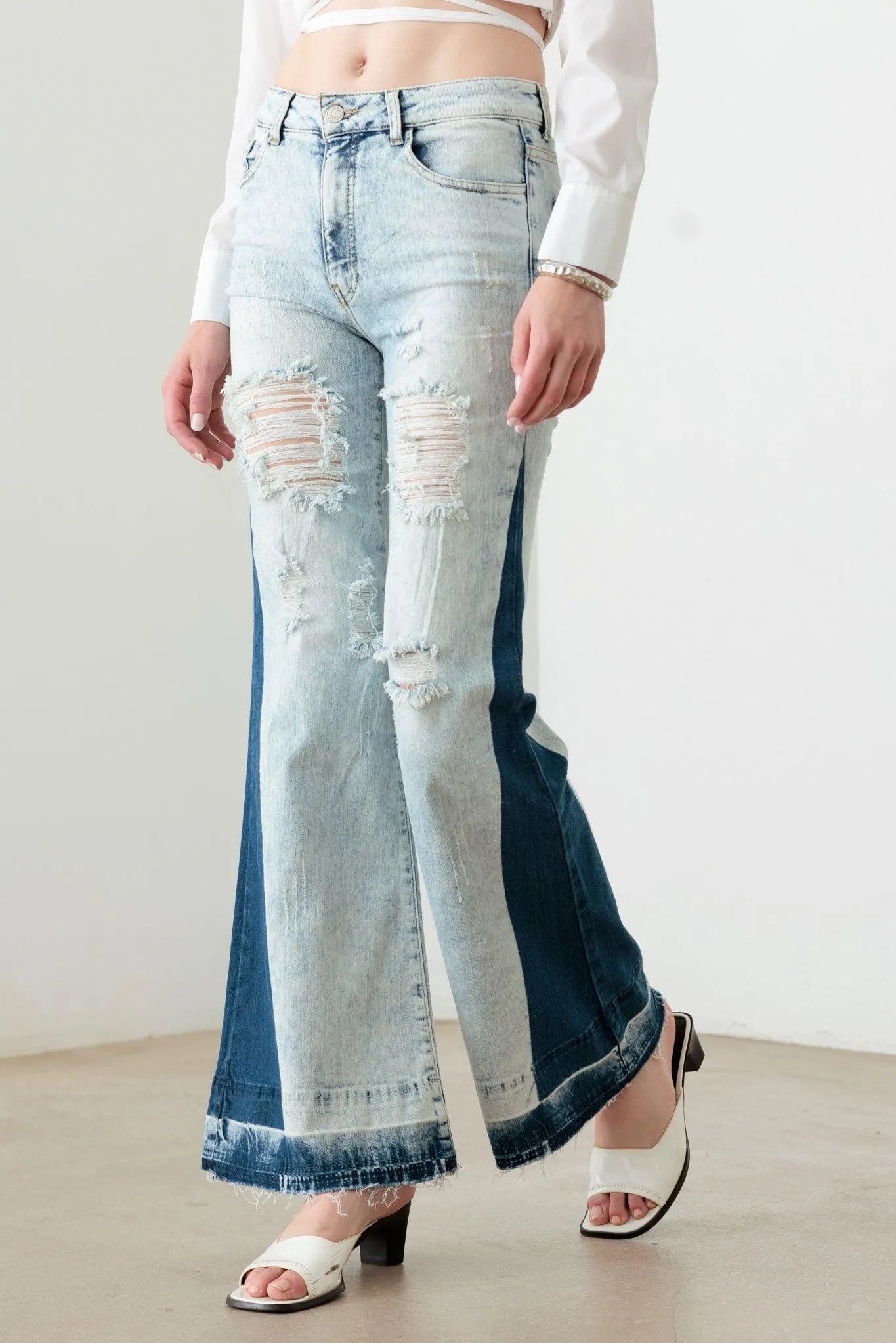 Two-Tone Acid Wash Flare Denim Jeans