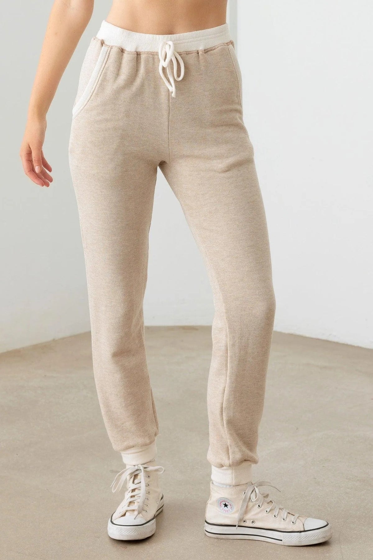 Cream Trim Drawstring Soft Jogger Pants
