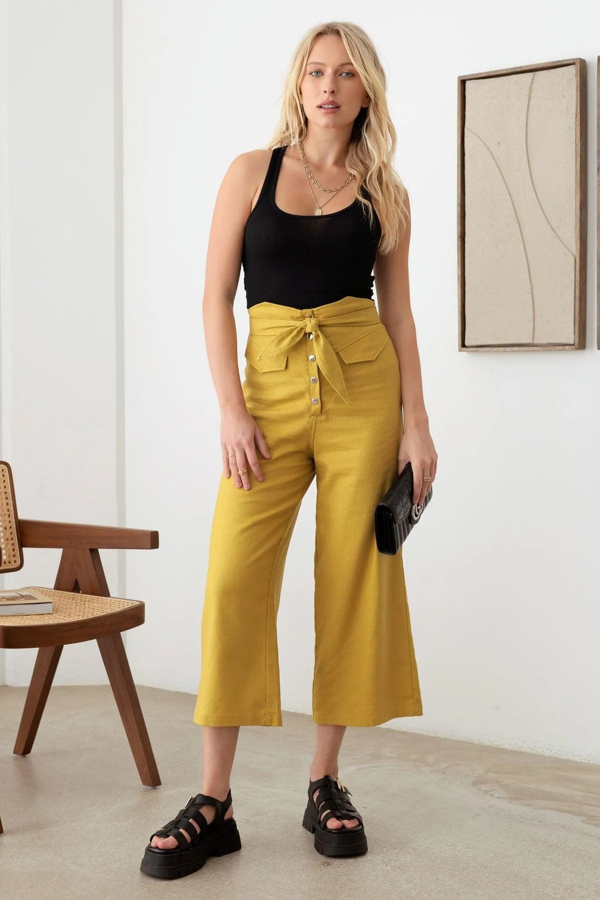 Asymmetric Waistband Snap Button Belted Pants
