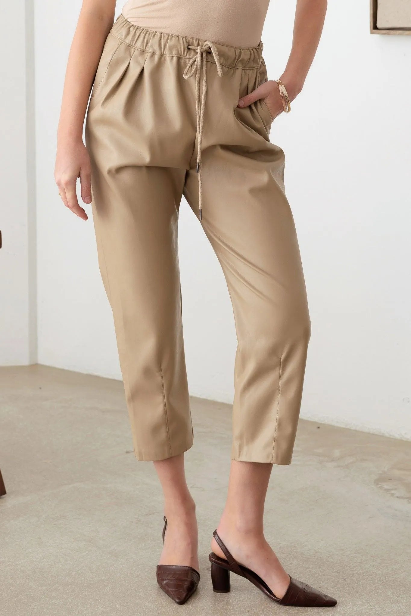 Faux Leather Drawstring Relaxed Ankle Pants
