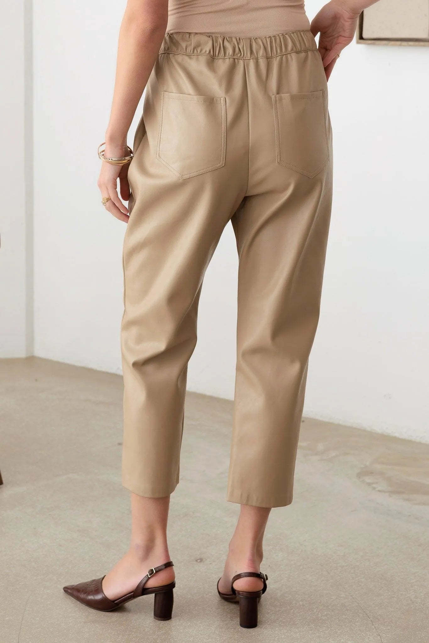 Faux Leather Drawstring Relaxed Ankle Pants
