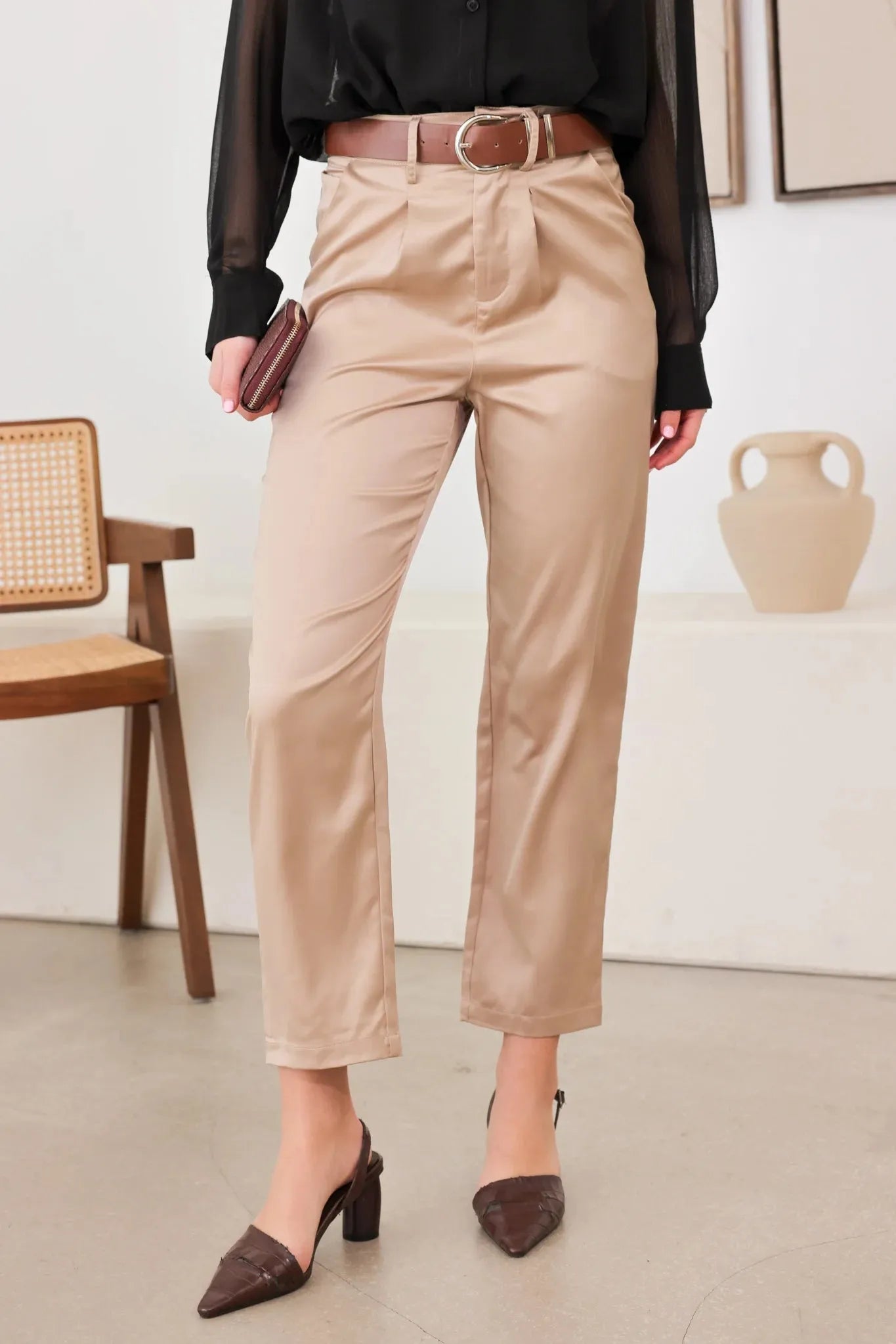 Satin Belted Taupe Crop Dressy Pants