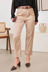 Satin Belted Taupe Crop Dressy Pants
