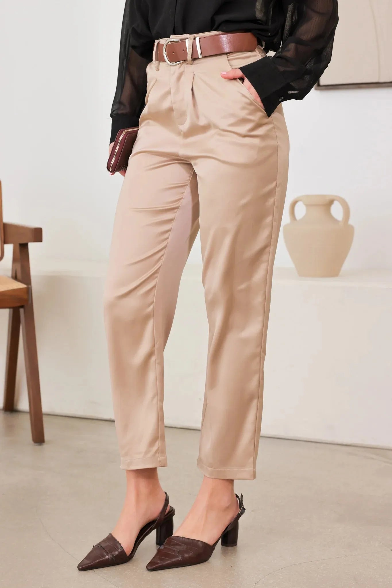 Satin Belted Taupe Crop Dressy Pants