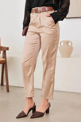 Satin Belted Taupe Crop Dressy Pants