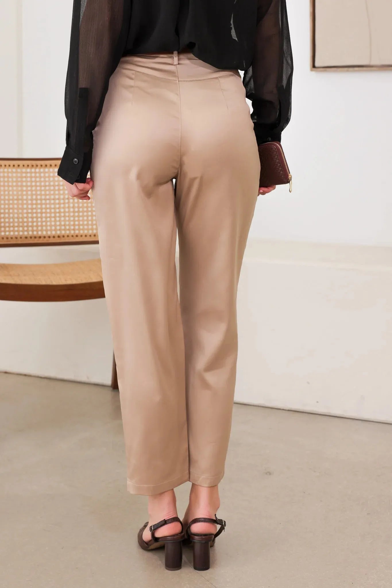 Satin Belted Taupe Crop Dressy Pants