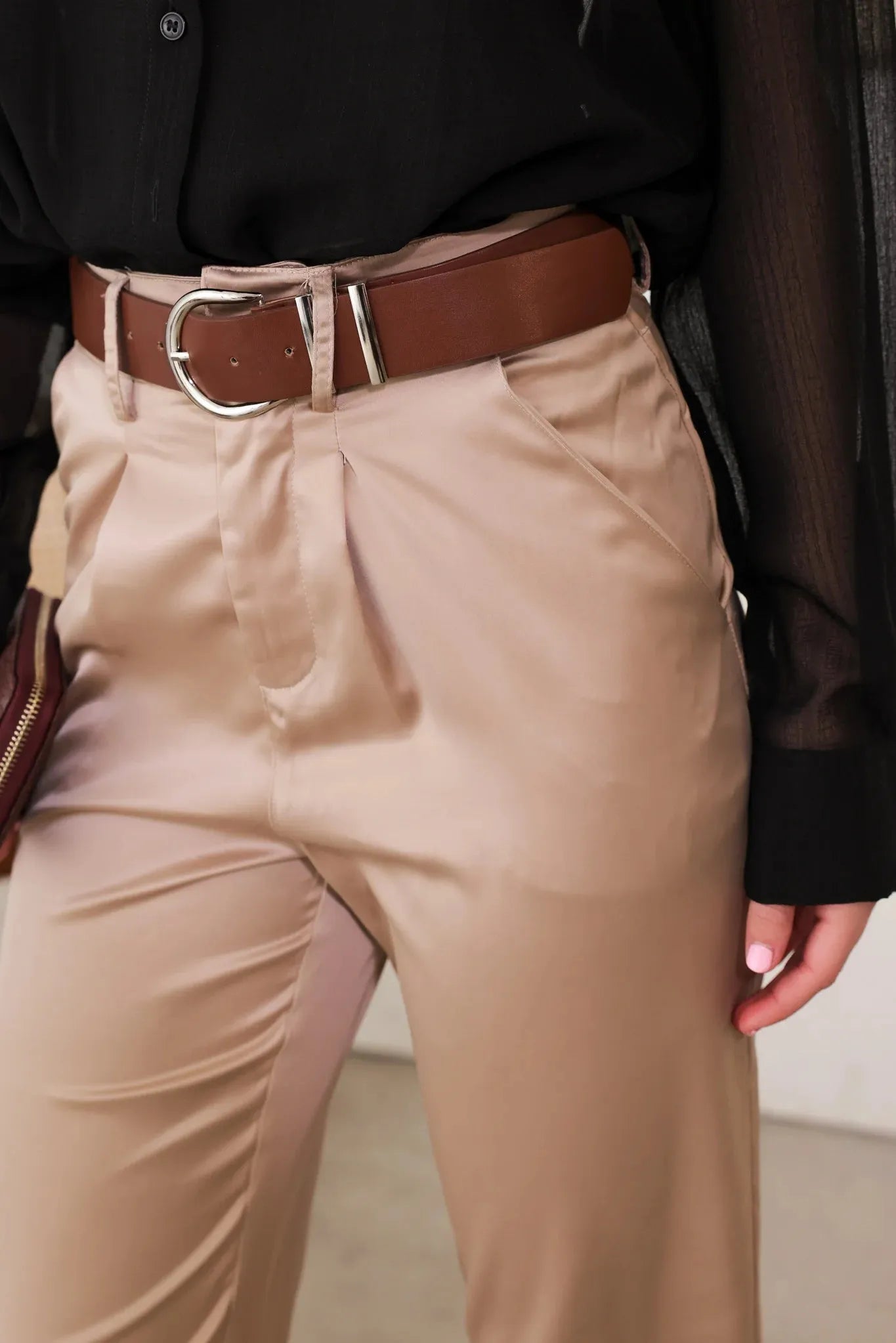 Satin Belted Taupe Crop Dressy Pants